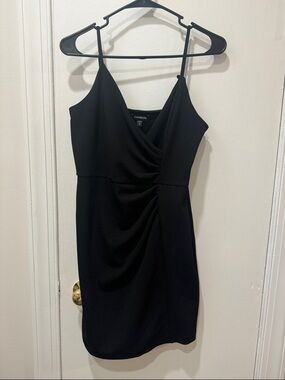 Express Black Ruched V-Neck Mini Dress